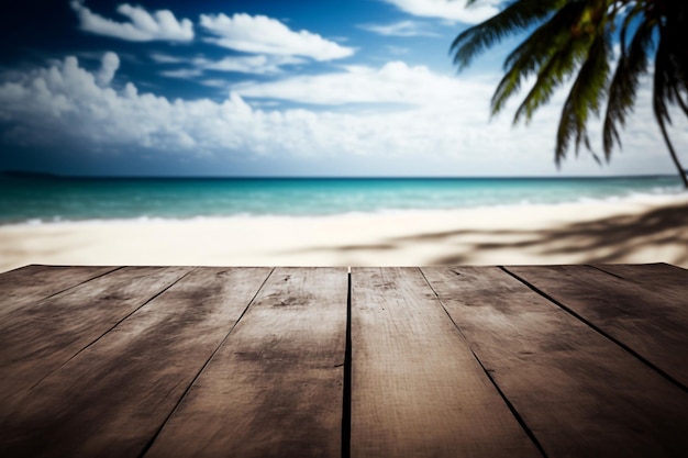 Empty wood table over blue sea beach and coconut background in summer for display product Generative AI