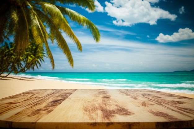 Empty wood table over blue sea beach and coconut background in summer for display product Generative AI