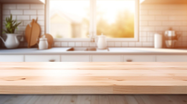 Empty wood table on blurred kitchen background for product display Generative AI