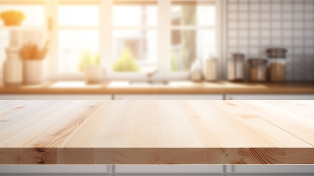 Empty wood table on blurred kitchen background for product display Generative AI