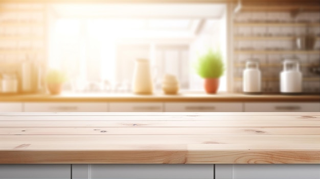 Empty wood table on blurred kitchen background for product display Generative AI