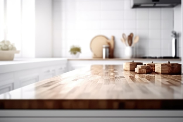 Empty wood table and blurred white kitchen white wall for product display mockup