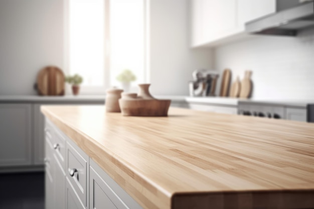 Empty wood table and blurred white kitchen white wall for product display mockup