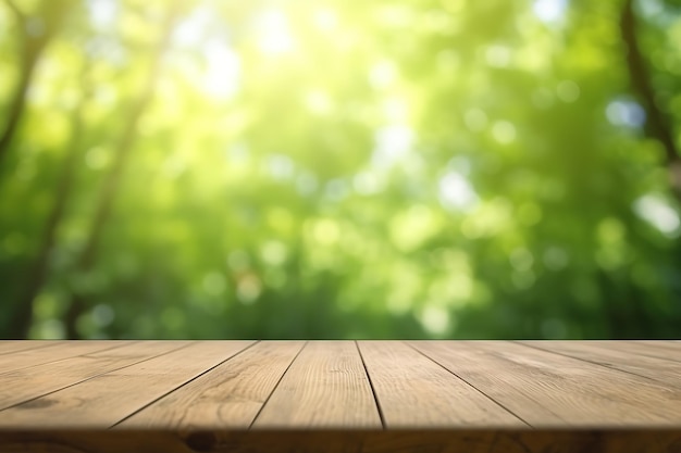 Empty wood table and blurry background of forest with sunlight product display template