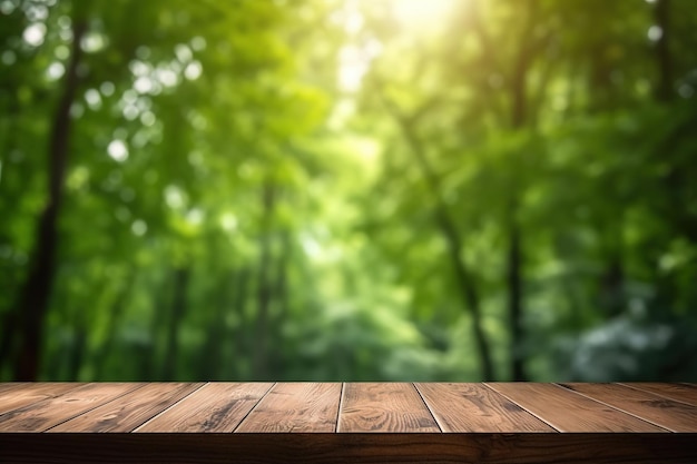 Empty wood table and blurry background of forest with sunlight product display template