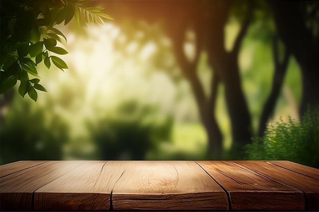 Empty wood table and blurry background of garden trees with sunlight, product display template