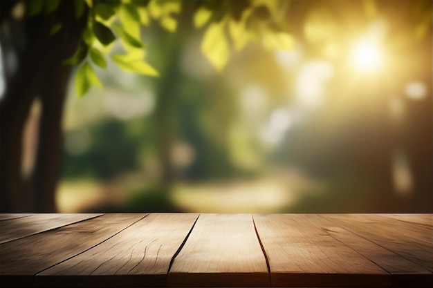 Empty wood table and blurry background of garden trees with sunlight, product display template