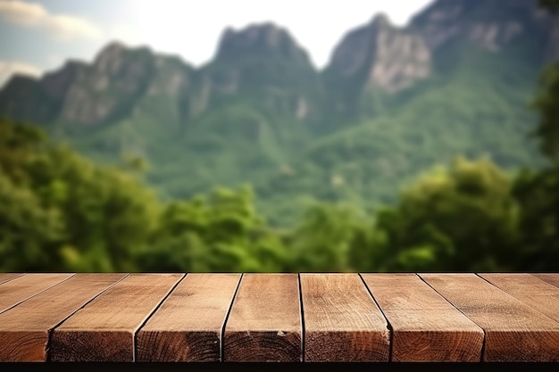 Empty wood table and blurry background of mountain product display template