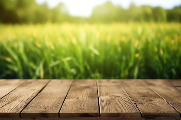 Empty wood table and blurry background of summer farm green product display template