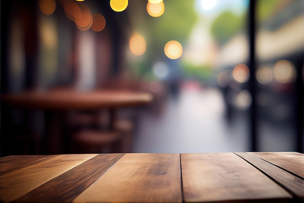 Empty wood table for product display in blur background of restaurant at night