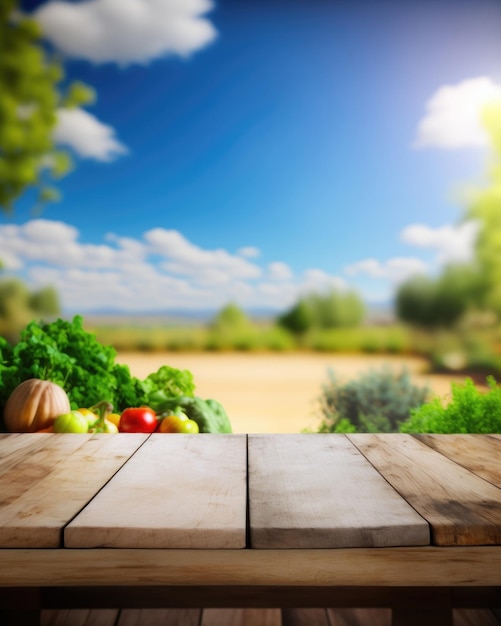 An empty wood table sits before a vegetable garden and blue sky Generative AI