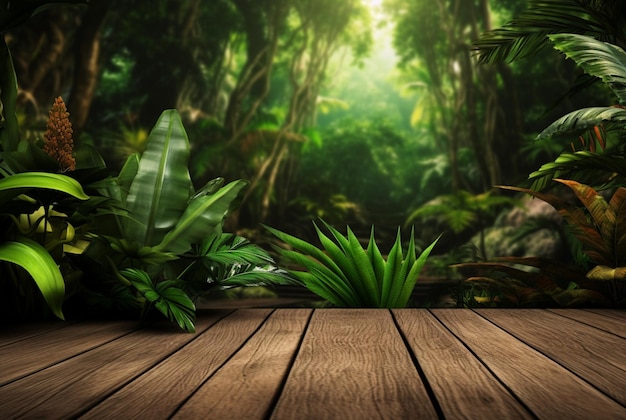 Empty of wood table top on beautiful tropical leaf from garden backgroundsgenerative ai