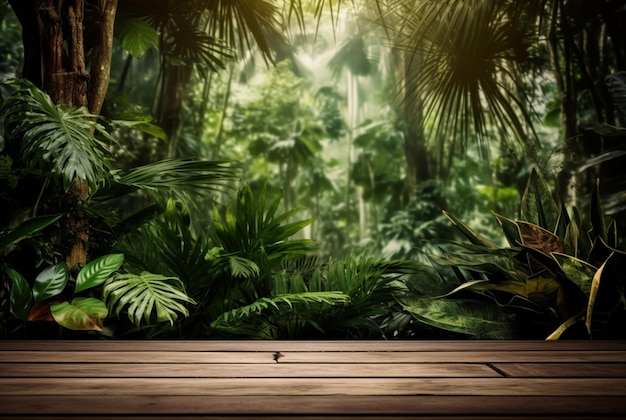 Empty of wood table top on beautiful tropical leaf from garden backgroundsgenerative ai