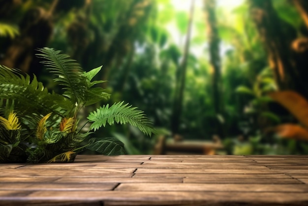 Empty of wood table top on beautiful tropical leaf from garden backgroundsgenerative ai