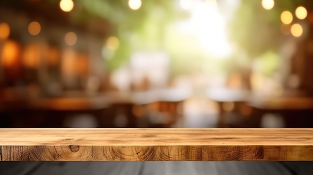 Empty wood table top on blur bakery shop or cafe restaurant with abstract bokeh background Generative Ai