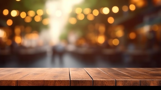 Empty wood table top on blur bakery shop or cafe restaurant with abstract bokeh background Generative Ai