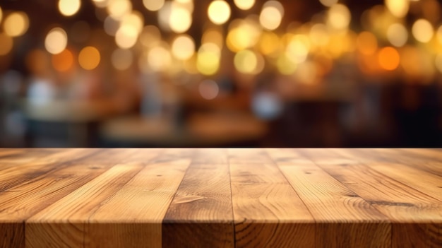 Empty wood table top on blur bakery shop or cafe restaurant with abstract bokeh background Generative Ai