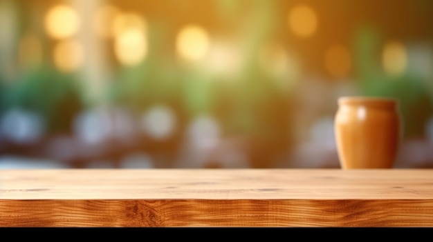 Empty wood table top on blur bakery shop or cafe restaurant with abstract bokeh background Generative Ai