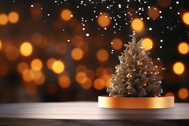 Empty wood table top on blur with bokeh christmas tree background with snowfall