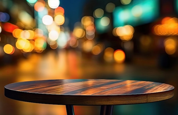 Empty wood table top circle and blur bokeh light street view background product display montage