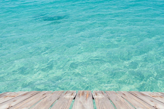 Empty Wood table top on Crystal clear of sea for wall background for montage product display