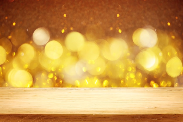 Empty wood table top on golden bokeh abstract background For montage products display