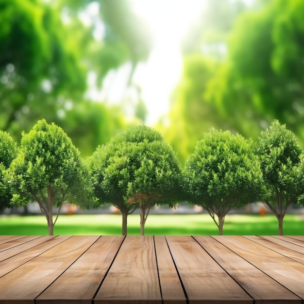 Empty wood table top and green tree arts architecture outdoor