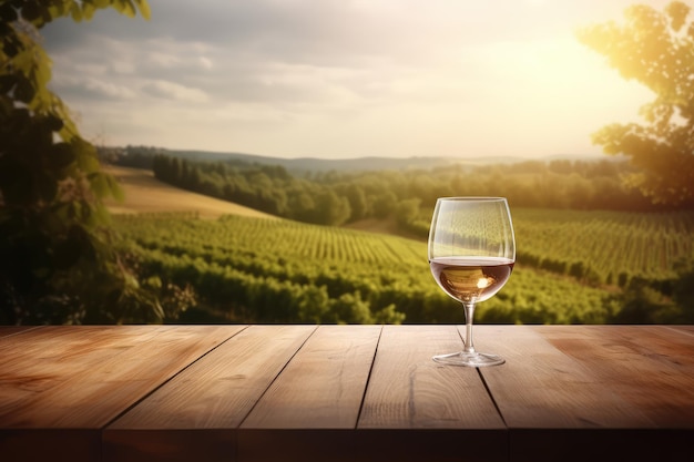 Empty wood table top wite a glass of wine