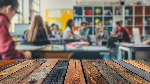 Photo empty wood table top with blur background of classroom in school