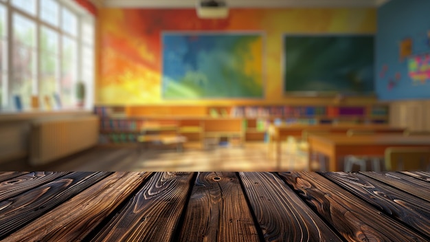 Photo empty wood table top with blur background of classroom in school