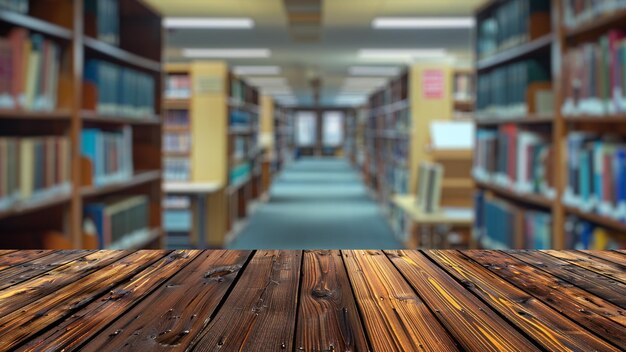 Photo empty wood table top with blur background library at school home or university