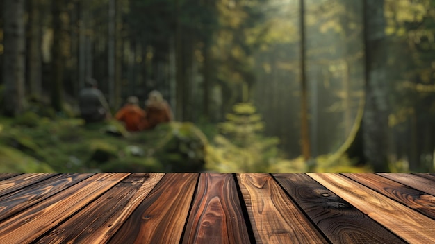 Empty wood table top with blur background of nature lush green forest