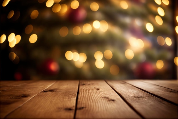 Empty wood table top with blur Christmas tree with bokeh light background