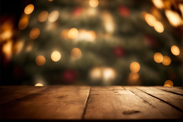 Empty wood table top with blur Christmas tree with bokeh light background