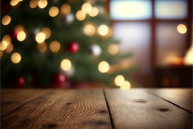 Empty wood table top with blur Christmas tree with bokeh light background