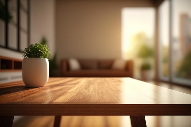 Empty wood table top with blur room interior background