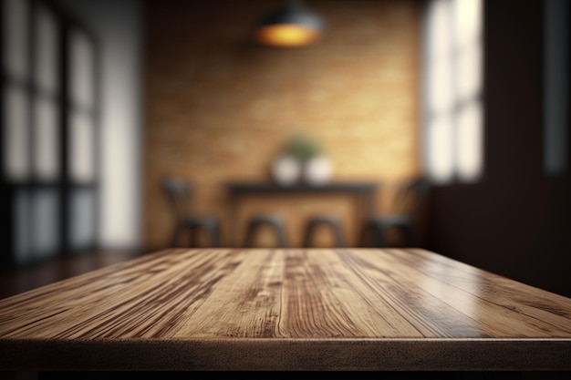 Empty wood table top with blur room interior background