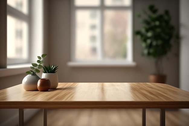 Empty wood table top with blur room interior with window background