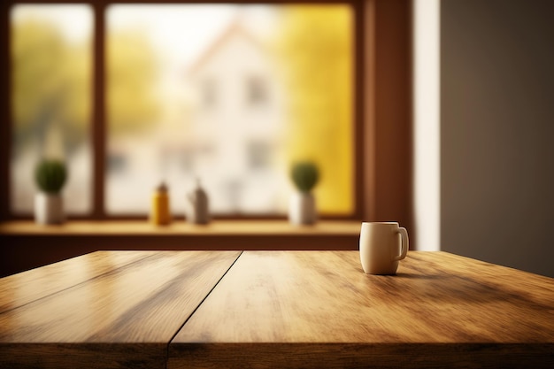 Empty wood table top with blur room interior with window background