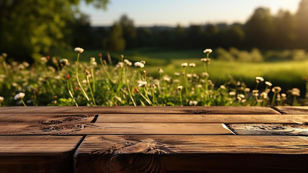 Empty wood table top with on blurred vineyard landscape background for display or montage your products