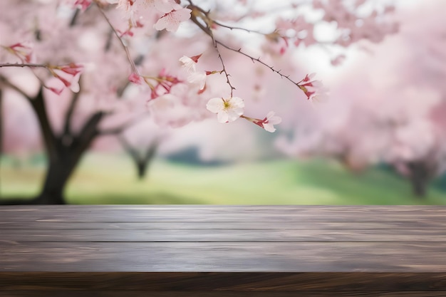 Empty wood table top with soft spring landscape blurred background