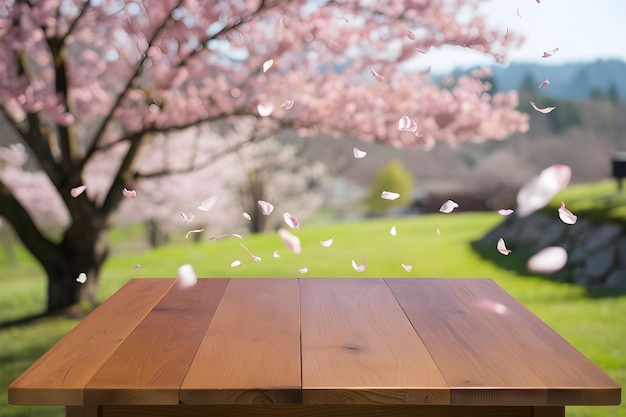 Empty wood table top with soft spring landscape blurred background