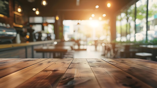 Empty wood table with blur interior coffee shop restaurant or cafe for background Generative AI