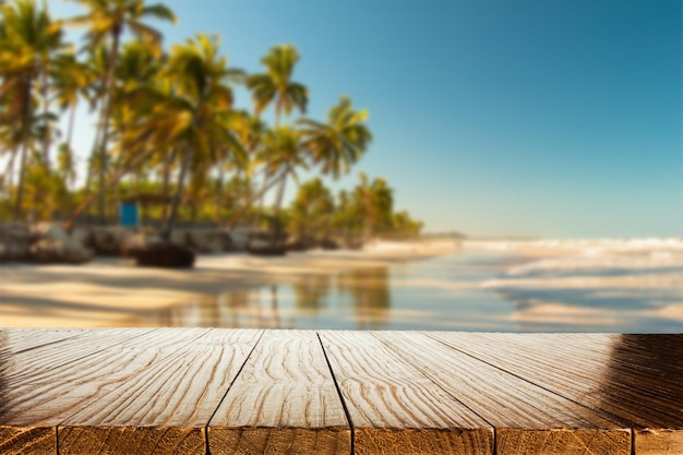 Empty wood table with blurred background with tropical nature landscape Product display template