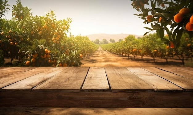 Empty wood table with free space over orange trees orange field background generative AI