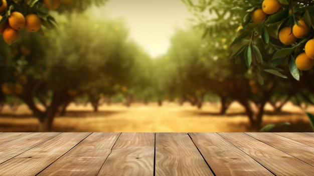 Empty wood table with free space over orange trees orange field background For product display montage Generative AI