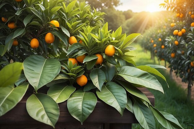 Empty wood table with free space over orange trees orange field background For product display montage