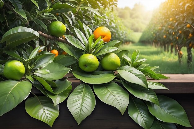 Empty wood table with free space over orange trees orange field background For product display montage