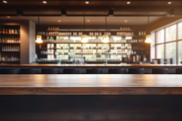 Photo empty wooden bar counter with defocused background of restaurant b