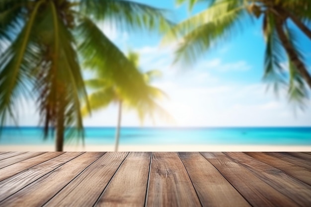 Empty wooden bar in front of the beach with palm trees